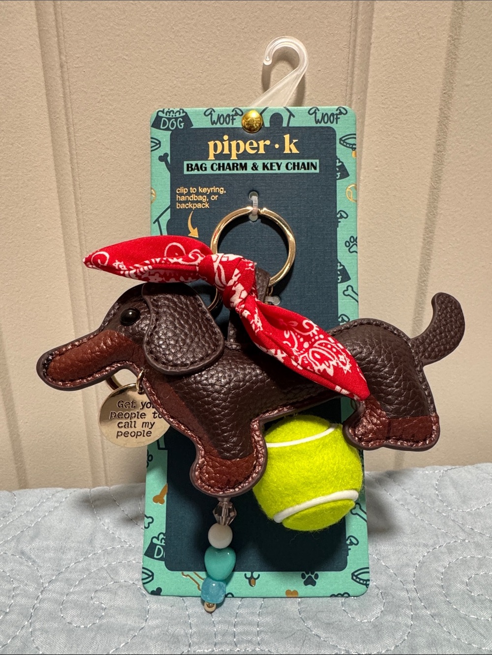 Piper K Brown Dachshund Keychain with Red Bandana & Neon Yellow Ball